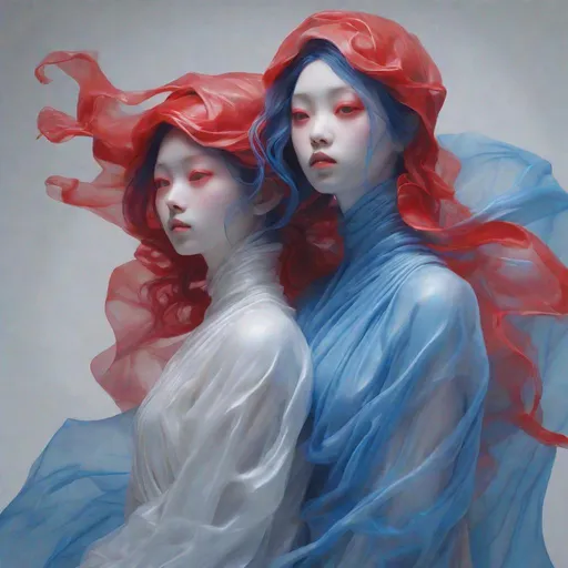 Prompt: red and blue Poltergeist ghostly figures, silouet plastic, slumped/draped, xiaofei yue, hurufiyya, in the style of ethereal calm and serene beauty, mysterious beauty, wrappedbio-art, Artgerm 