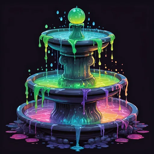 Prompt: A four-way fountain each side filled with strange glowing slime in many colors, in zen tangle art style
