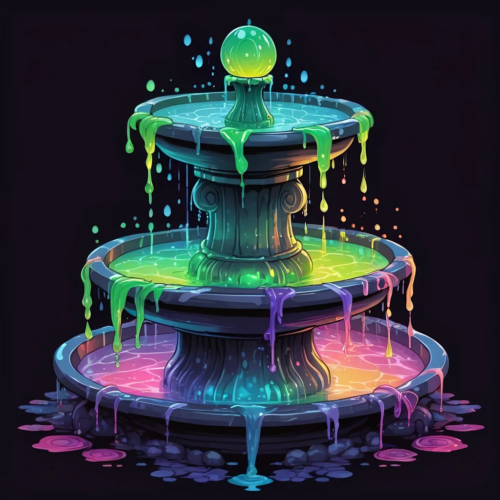 Prompt: A four-way fountain each side filled with strange glowing slime in many colors, in zen tangle art style
