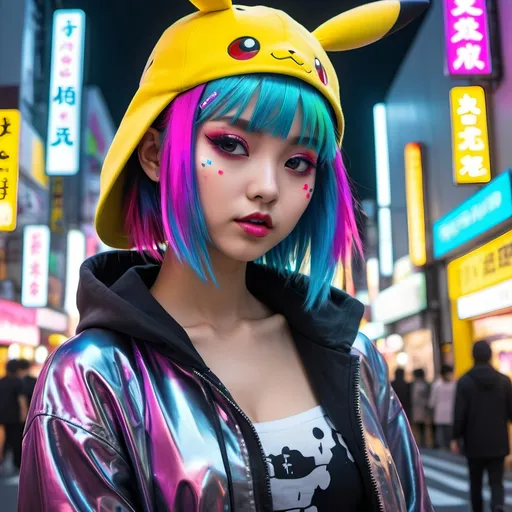 Prompt: Liquid metal Harajuku girl with vibrant colors, a Pikachu hat, futuristic fashion, neon-lit streets, anime, cyberpunk, metallic sheen, colorful hair, edgy makeup, urban setting, highres, vibrant colors, cyberpunk, liquid metal, anime, futuristic, neon-lit streets, vivid and vibrant, metallic sheen, edgy makeup, urban setting, high quality