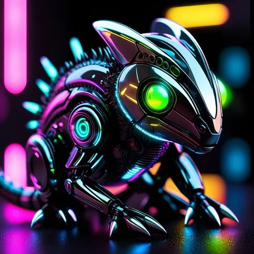 Prompt: small chameleon mech, metallic and sleek design, futuristic sci-fi style, intense black and silver color scheme, sparkling neon lights, l.e.d. lights for eyes, miniature scale, highres, ultra-detailed, sci-fi, futuristic, metallic sheen, intense color scheme, miniature scale, neon lights, detailed design, professional, atmospheric lighting