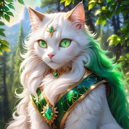 Prompt: wizard cat with {green fur} and {emerald green eyes}, senior female cat, earth element, trees, Erin Hunter, gorgeous anime portrait, beautiful cartoon, 2d cartoon, beautiful 8k eyes, elegant {white fur}, pronounced scar on chest, fine oil painting, modest, gazing at viewer, beaming green eyes, glistening green fur, low angle view, zoomed out view of character, 64k, hyper detailed, expressive, timid, graceful, beautiful, expansive silky mane, deep starry sky, golden ratio, precise, perfect proportions, vibrant, standing majestically on a tall crystal stone, hyper detailed, complementary colors, UHD, HDR, top quality artwork, beautiful detailed background, unreal 5, artstaion, deviantart, instagram, professional, masterpiece