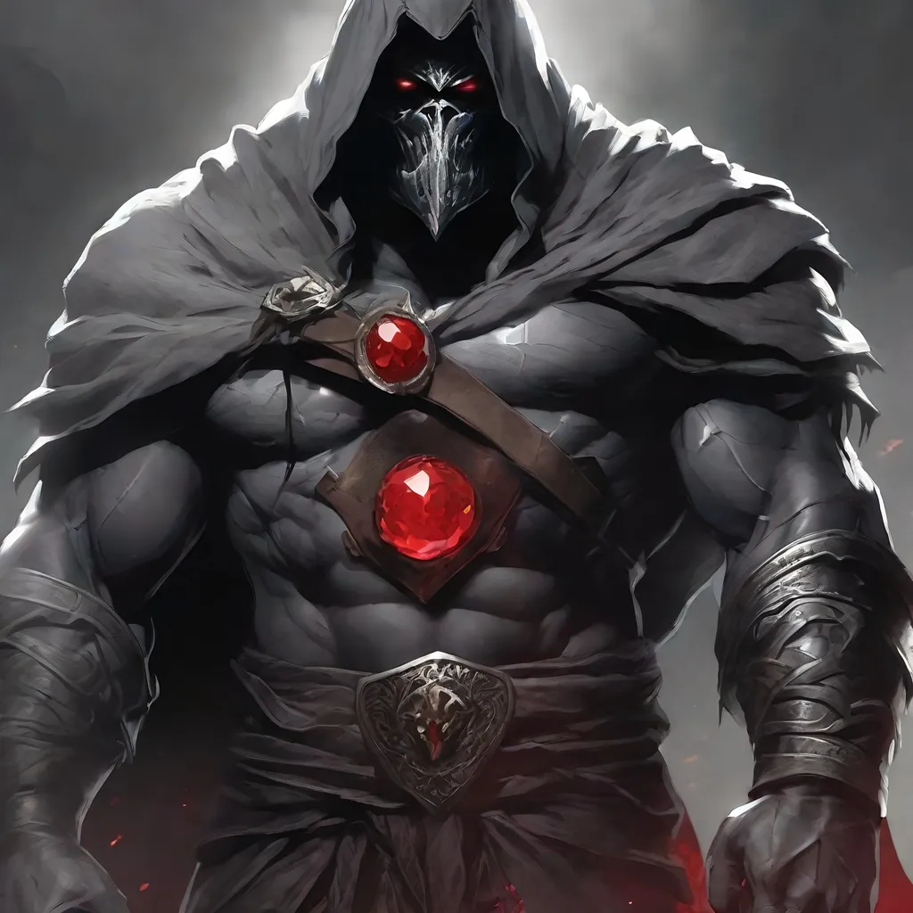 Prompt: Tall, Intimidating, Large, male, Solomon Grundy/goliath D&D build, black hair,  very dark grey scarred skin, covered in bandages, dark tattered cloth armor exposes his midriff, hood of magical darkness that completely shrouds his face with a mask of darkness, large red gem between pecs in chest, Path of the Zealot Barbarian, Strong, wielding large two-handed great-axe, Fantasy setting, D&D, Dead clerics around him, undead, zombie