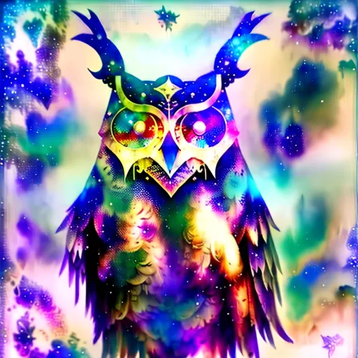 Prompt: ""<lora:Cosmic steampunk:1.0> Dreamy cloudy effect romantic very large white owl with icy snow background, sitting on a snow covered branch with icicles hanging from the branch, stylized, iridescent, intricate, fantastic, fantasia, fantasy, dreamy, watercolor, flared edges, beautiful bright white"