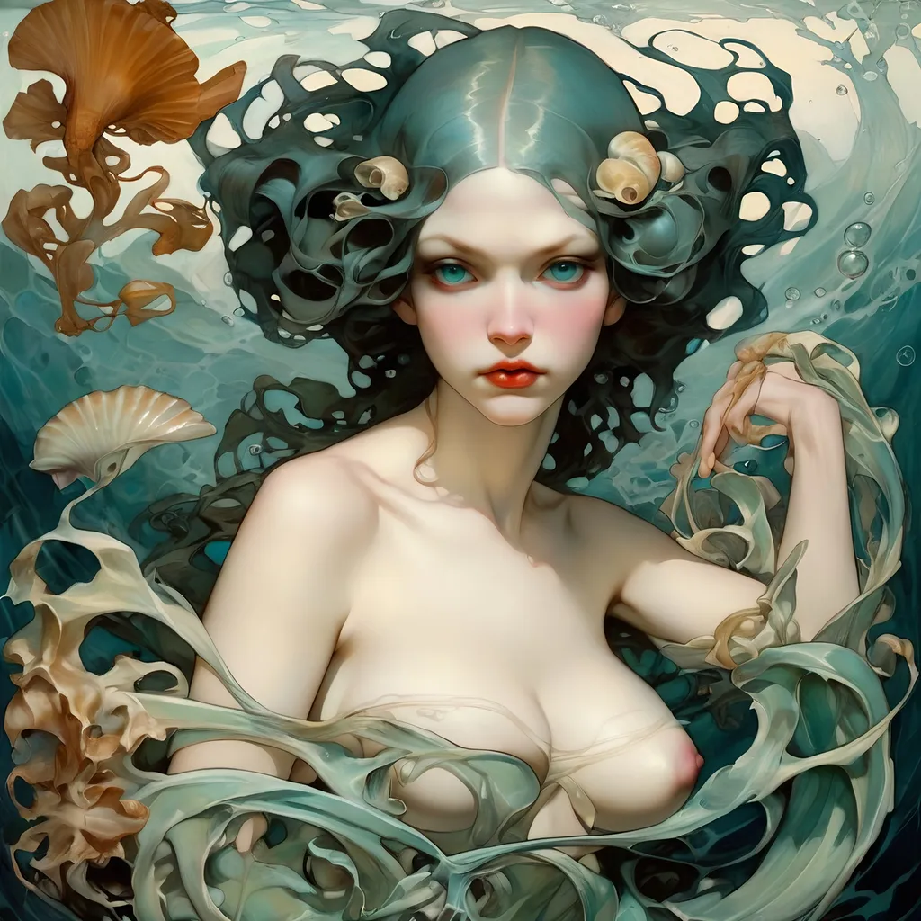 Prompt: sea siren, beauty, sinister slyph, goddess mode, kelp, shells, ferrotype, james jean, alphonse mucha