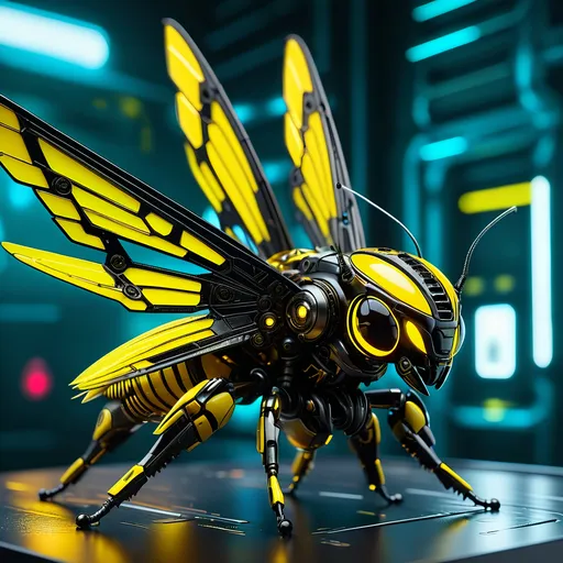 Prompt: Tiny hornet mech, metallic and sleek design, futuristic sci-fi style, detailed mechanical wings, intense yellow and black color scheme, sparkling neon lights, miniature scale, highres, ultra-detailed, sci-fi, futuristic, metallic sheen, mechanical wings, intense color scheme, miniature scale, neon lights, detailed design, professional, atmospheric lighting