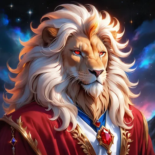 Prompt: wizard lion with {white fur} and {ruby red eyes}, senior male lion, fire element, flame, Erin Hunter, gorgeous anime portrait, beautiful cartoon, 2d cartoon, beautiful 8k eyes, elegant {red fur}, pronounced scar on chest, fine oil painting, modest, gazing at viewer, beaming red eyes, glistening red fur, low angle view, zoomed out view of character, 64k, hyper detailed, expressive, timid, graceful, beautiful, expansive silky mane, deep starry sky, golden ratio, precise, perfect proportions, vibrant, standing majestically on a tall crystal stone, hyper detailed, complementary colors, UHD, HDR, top quality artwork, beautiful detailed background, unreal 5, artstaion, deviantart, instagram, professional, masterpiece
