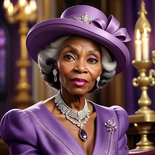 Prompt: Close-up photo-realistic oil painting of an elegant elderly black woman in a purple church outfit and matching hat, adorned with diamond encrusted accessories, detailed wrinkles, serene expression, high quality, photo-realistic, oil painting, detailed diamonds, elegant, regal, purple tones, soft and warm lighting