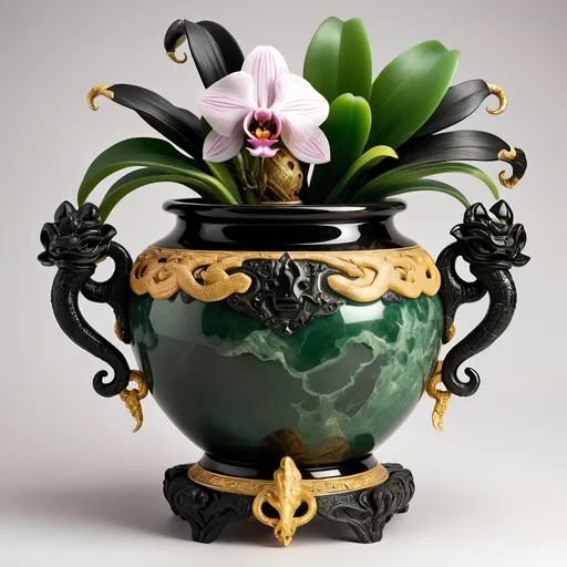 Prompt: Onyx and jade pot, gold serpent handles, ancient mystical artifact, detailed carvings, luxurious material, high quality, fantasy, antique style, rich green and black tones, dramatic lighting, intricate details, orchids inside