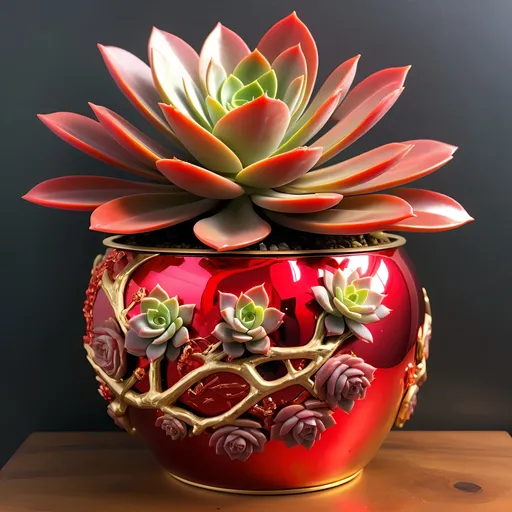 Prompt: Big Red quartz and metallic gold pot filled with neon red succulent, shiny metallic surface, vibrant red and gold colors, intricate vine patterns, high quality, detailed, luxurious, elegant, realistic, warm lighting