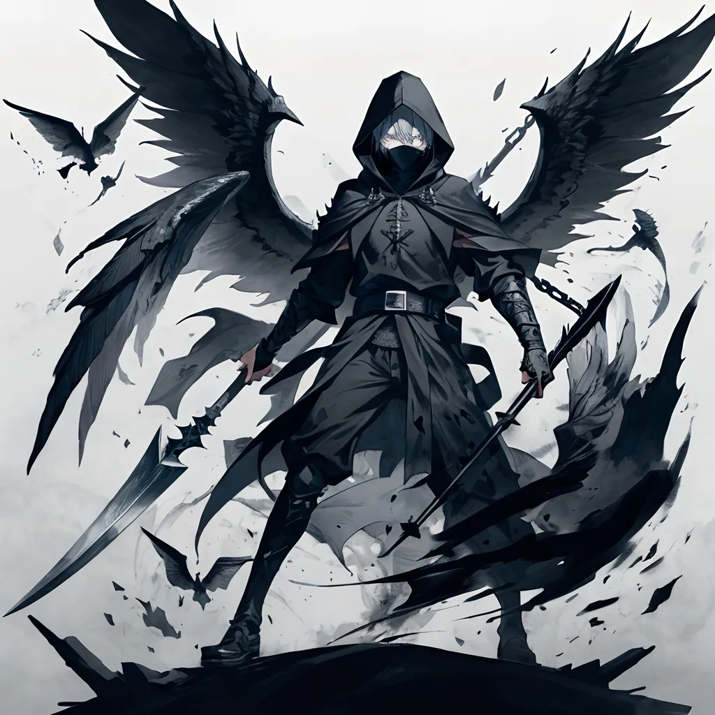 Prompt: 1boy, a drawing of a boy wielding a scyth, with hood on his head, with black ink splatters around him, with big black wing, Alice Prin, gothic art, official art, a manga drawing, full body, black and white color