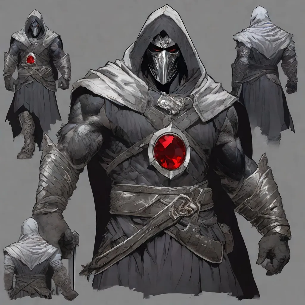 Prompt: Tall, Intimidating, Large, male, Solomon Grundy/goliath D&D build, black hair,  very dark grey scarred skin, covered in bandages, dark tattered cloth armor exposes his midriff, hood of magical darkness that completely shrouds his face with a mask of darkness, large red gem between pecs in chest, Path of the Zealot Barbarian, Strong, wielding large two-handed great-axe, Fantasy setting, D&D, Dead clerics around him, undead, zombie