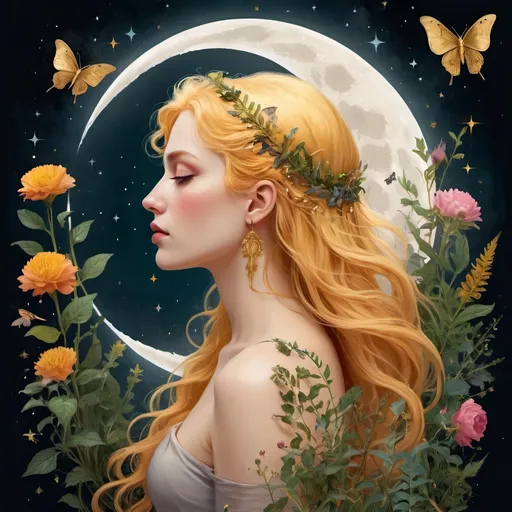 Prompt: A profile beautiful and colourful picture of Persephone with pure gold hair surrounded by plants, moths and animals framed by the moon and constilations