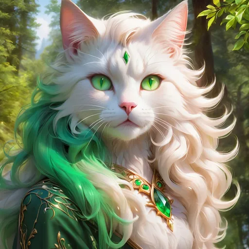 Prompt: warrior cat with {green fur} and {emerald green eyes}, senior female cat, earth element, trees, Erin Hunter, gorgeous anime portrait, beautiful cartoon, 2d cartoon, beautiful 8k eyes, elegant {white fur}, pronounced scar on chest, fine oil painting, modest, gazing at viewer, beaming green eyes, glistening green fur, low angle view, zoomed out view of character, 64k, hyper detailed, expressive, timid, graceful, beautiful, expansive silky mane, deep starry sky, golden ratio, precise, perfect proportions, vibrant, standing majestically on a tall crystal stone, hyper detailed, complementary colors, UHD, HDR, top quality artwork, beautiful detailed background, unreal 5, artstaion, deviantart, instagram, professional, masterpiece