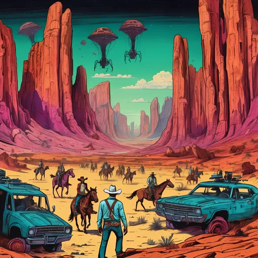 Prompt: Cowboys vs aliens. 
Science Fiction, Retrofuturism, Gore, Cosmic Horror, Fine inking, Clean linework, comic illustration, flat shading, Colour transitions, Maximalism, Beautifully illustrated forms, beautiful background scenery, Warm and cold colour mix, Triadic colour palette, Dark vibrancy, soft lighting, Complexity, Storytelling, Dynamic Poses, High quality, Sharp focus, Tight colour range, Full scene, Filmic, 