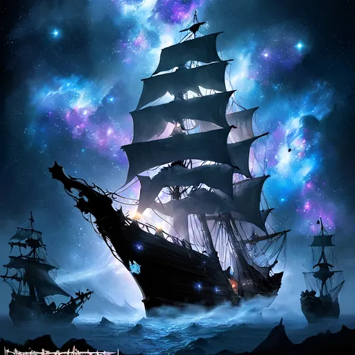 Prompt: Magical fairytale illustration of an old pirate ship, galaxy sky with ethereal colors, sparkling stars and nebulae, misty atmosphere, surreal and dreamy feel, high quality, fantasy, galaxy, ethereal, magical, fairytale, old pirate ship, surreal atmosphere, dreamy, sparkling stars, misty, detailed, atmospheric lighting