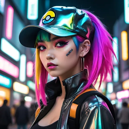 Prompt: Liquid metal Harajuku girl with vibrant colors, a pokemon cap, futuristic fashion, neon-lit streets, anime, cyberpunk, metallic sheen, colorful hair, edgy makeup, urban setting, highres, vibrant colors, cyberpunk, liquid metal, anime, futuristic, neon-lit streets, vivid and vibrant, metallic sheen, edgy makeup, urban setting, high quality