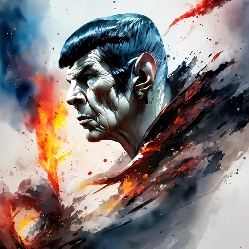 Prompt: 1 spock, firestorm, fire hydras, detailed face, fantasy, ink strokes, explosions, over exposure, tone impression , abstract, (watercolor painting by John Berkey and Jeremy Mann ) brush strokes, negative space,