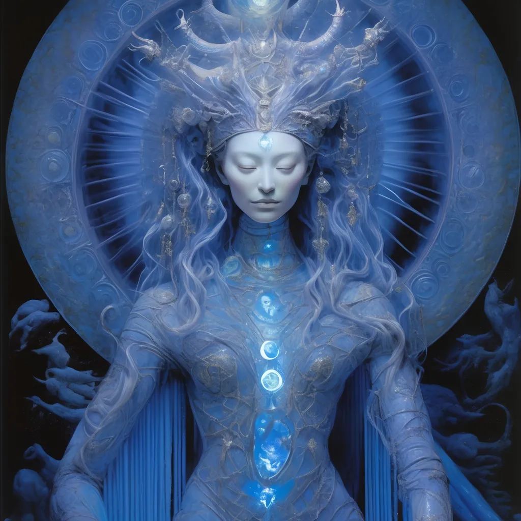 Prompt: celestial moon goddess wrapped in UV light tubes, by Guo Pei, Brian Froud, and Alex Grey 