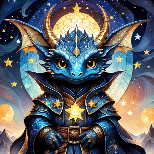 Prompt: an adorable chibi dragonborn wizard, dark starry night, gorgeous eyes, stained glass, fantasy illustration, textured with large visible brush strokes, detailed scales, hypermaximalism, astral patterns, star lit sky, masterpiece, breathtaking intricate details, in the style of Andreas Lie, van Gogh, Hokusai, Luke Gram, Albert Robida, Victo Ngai