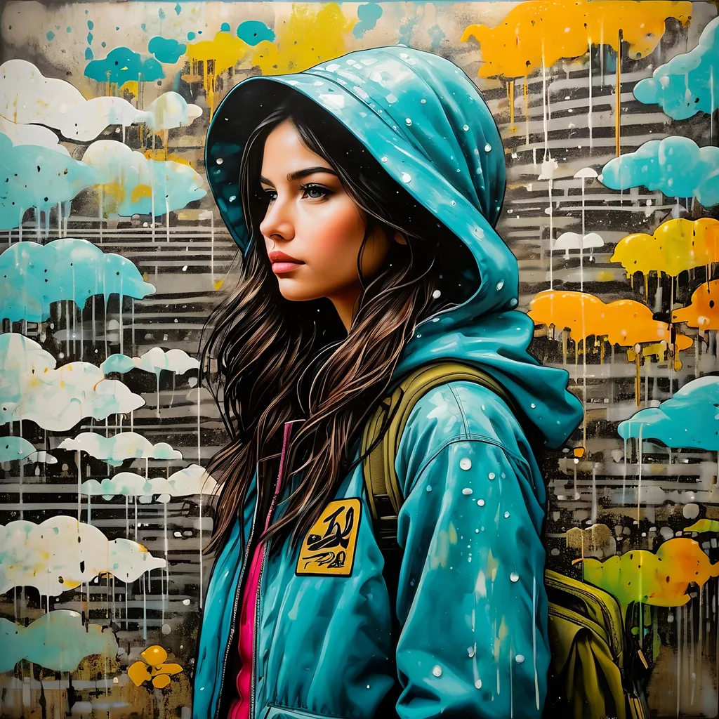 Prompt: She is in a graffiti monsoon, encaustic painting, inlays 