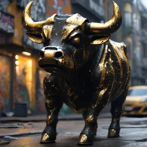 Prompt: A black and gold translucent dwarf bull humanoid made of black metal, graffiti all over it, standing up in the ghetto, highly detailed painting, photorealistic, sparkles, magical atmosphere, 8k