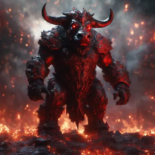 Prompt: A red and black dwarf bull humanoid made of the element fire in hell, highly detailed painting, photorealistic, sparkles, magical atmosphere, 8k