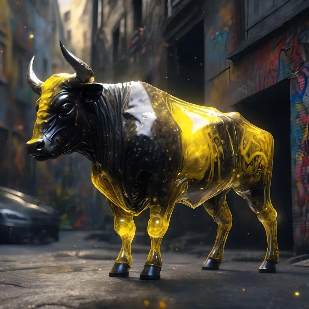 Prompt: A black and yellow translucent small dwarf bull humanoid made of black carbon fiber, graffiti all over it, standing up in the ghetto, highly detailed painting, photorealistic, sparkles, magical atmosphere, 8k