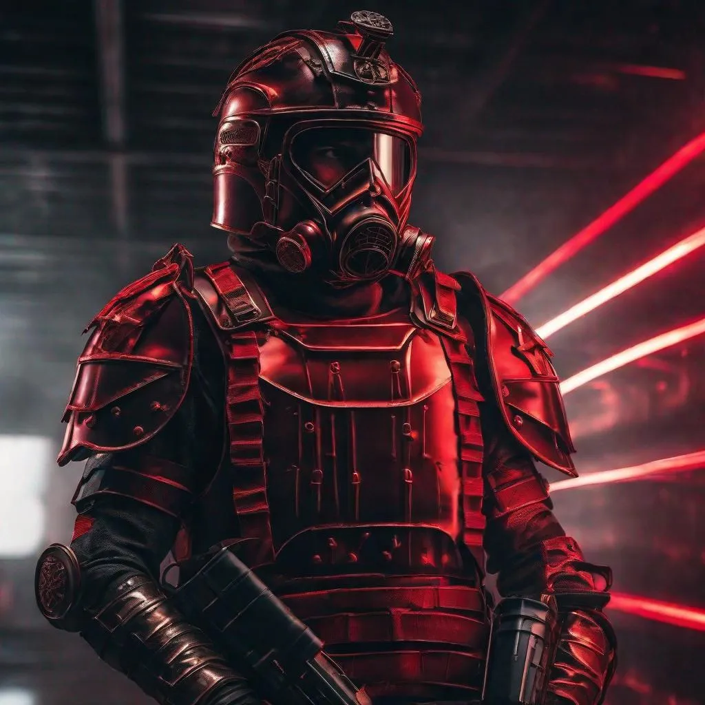 Prompt: A modern roman military male in black military armor covered in red L.E.D. strips, galea helmet of roman armor, and gas mask, background World War 3, Hyperrealistic, sharp focus, Professional, UHD, HDR, 8K, Render, electronic, dramatic, vivid, pressure, nervous vibe, loud, tension, dark, Epic