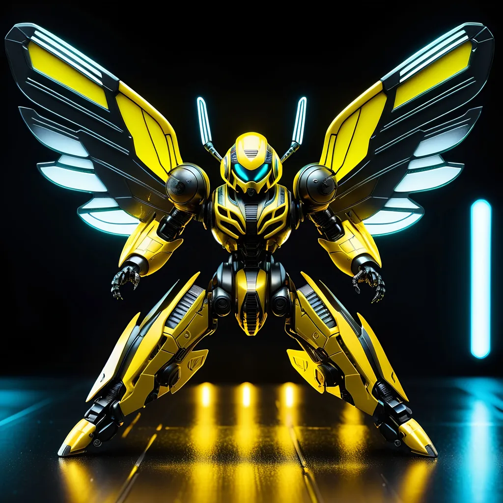 Prompt: Tiny hornet mech, metallic and sleek design, futuristic sci-fi style, detailed mechanical wings, intense yellow and black color scheme, sparkling neon lights, miniature scale, highres, ultra-detailed, sci-fi, futuristic, metallic sheen, mechanical wings, intense color scheme, miniature scale, neon lights, detailed design, professional, atmospheric lighting