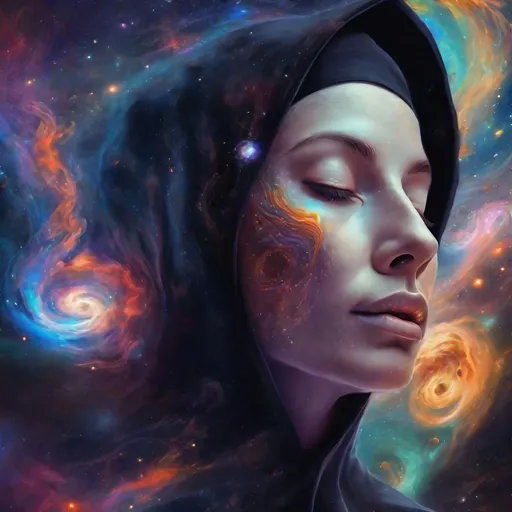 Prompt: Nun exhaling galaxies and stars, surreal digital art, cosmic theme, vibrant and vivid colors, high-contrast, detailed facial features, ethereal lighting, nebula-like swirls, mystical atmosphere, celestial, digital painting, surreal, cosmic, ethereal, vibrant colors, high contrast, detailed facial features, celestial lighting