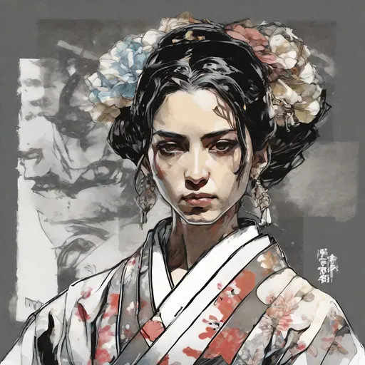 Prompt: (((Yoji Shinkawa))), sticker of ultra detailed portrait of Naomi Scott in japanese kimono,Kanzashi head accessories, high quality cell shaded illustration in post apocalyptic style by Yoji Shinkawa,(((sitting kneeling pose))), ((zoomed in face)),  (((katana))), (((Detailed hands))),perfect anatomy, centered, freedom, soul, blue and pink long hair, approach to perfection, cell shading, 4k , cinematic dramatic atmosphere, watercolor painting, global illumination, detailed and intricate environment, artstation, concept art, fluid and sharp focus, volumetric lighting, cinematic lighting, Art by Yoji Shinkawa and by Ilya Kuvshinov 
