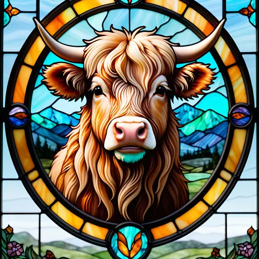 Prompt: Mini Highland cow in Chalcedony Stained Glass 3d Portraiture 