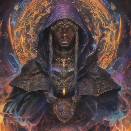 Prompt: Black Celestial male warlock, digital painting, radiant staff, celestial aura, mystical robes, intricate details, high quality, fantasy, vibrant colors, magical glow, cosmic background, glowing runes, otherworldly, celestial, detailed features, mystical, professional, atmospheric lighting