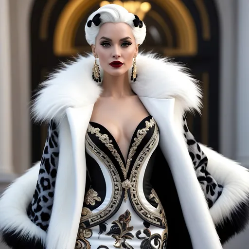 Prompt: Extremely accurated and detailed hyper realistic Cruella in a very detailed Versace dress 
