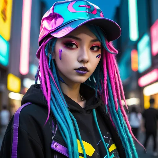 Prompt: Liquid metal Harajuku girl with vibrant colors, a pokemon haunter cap, futuristic fashion, neon-lit streets, anime, cyberpunk, metallic sheen, colorful and long dreadlock hair, edgy makeup, urban setting, highres, vibrant colors, cyberpunk, liquid metal, anime, futuristic, neon-lit streets, vivid and vibrant, metallic sheen, edgy makeup, urban setting, high quality