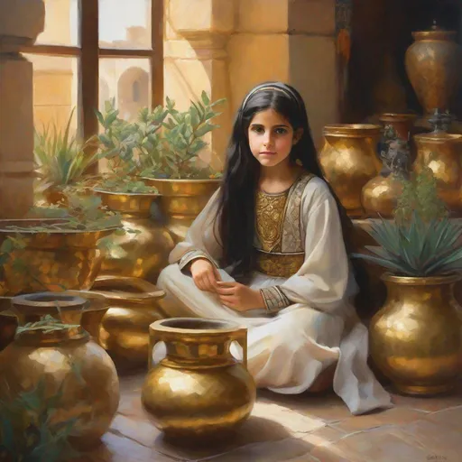 Prompt: A 10 year old Syrian girl, pale skin, black hair, pigtails, brown eyes, traditional Syrian dress, Old Damascus, surrounded by gold and onyx pots filled with different plants, photorealistic, extremely detailed painting by Greg Rutkowski by Steve Henderson