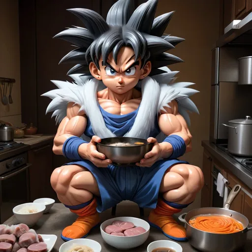 Prompt: Goku cooking with a mink somewhere cold, chilling.