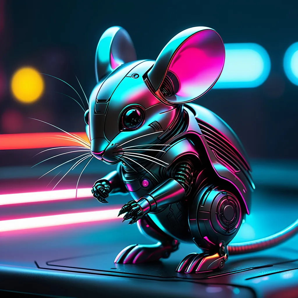 Prompt: Tiny mouse mech, metallic and sleek design, futuristic sci-fi style, intense grey and black color scheme, sparkling neon lights, miniature scale, highres, ultra-detailed, sci-fi, futuristic, metallic sheen, intense color scheme, miniature scale, neon lights, detailed design, professional, atmospheric lighting