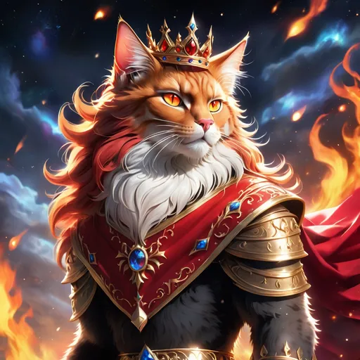 Prompt: warrior king cat with {black fur} and {ruby red eyes}, senior male cat, fire element, wearing crown, flame, Erin Hunter, gorgeous anime portrait, beautiful cartoon, 2d cartoon, beautiful 8k eyes, elegant {red fur}, pronounced scar on chest, fine oil painting, modest, gazing at viewer, beaming red eyes, glistening red fur, low angle view, zoomed out view of character, 64k, hyper detailed, expressive, timid, graceful, beautiful, expansive silky mane, deep starry sky, golden ratio, precise, perfect proportions, vibrant, standing majestically on a tall crystal stone, hyper detailed, complementary colors, UHD, HDR, top quality artwork, beautiful detailed background, unreal 5, artstaion, deviantart, instagram, professional, masterpiece