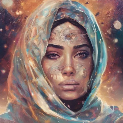 Prompt: Beautiful woman in hijab shooting galaxies from her eyes, digital illustration, cosmic atmosphere, intense gaze, flowing hijab with cosmic patterns, vibrant and dreamy, high quality, cosmic digital art, radiant colors, ethereal lighting