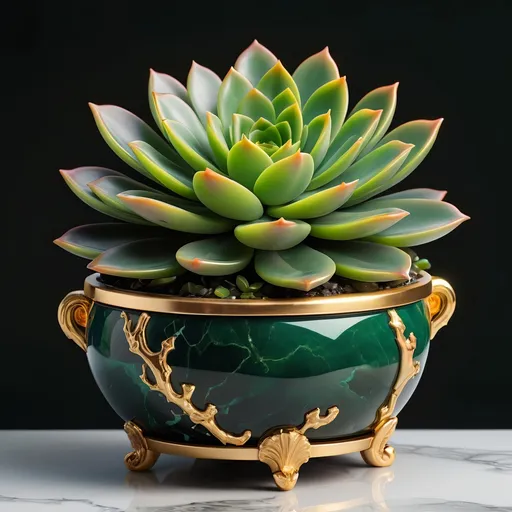 Prompt: Onyx and jade pot with neon succulent, gold handles, highres, detailed, realistic painting, vibrant colors, natural lighting, intricate details, luxurious material, botanical illustration, elegant design, rich green tones, polished surfaces, high quality, realistic, succulent, onyx and jade pot, vibrant, natural lighting, intricate details, luxurious material, botanical illustration, elegant design, rich green tones, polished surfaces