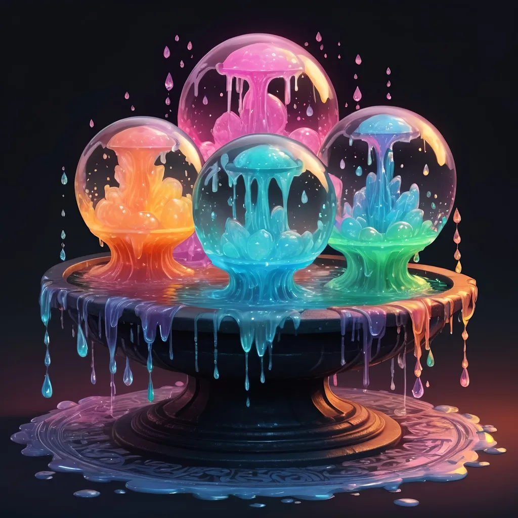 Prompt: A four-way fountain each side filled with strange glowing dancing crystal sphere dripping slime in many colors, in zen tangle art style
