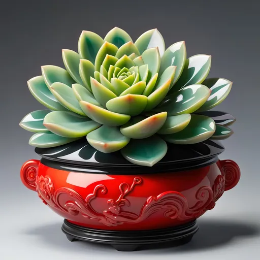 Prompt: Onyx pot with jade accents, with neon red succulent, jade handles, highres, detailed, realistic painting, vibrant colors, natural lighting, intricate details, luxurious material, botanical illustration, elegant design, rich green tones, polished surfaces, high quality, realistic, succulent, onyx and jade pot, vibrant, natural lighting, intricate details, luxurious material, botanical illustration, elegant design, rich green tones, polished surfaces