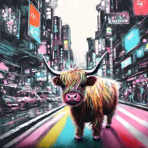 Prompt: pop art chalk pastel art of detailed mini highland cow wearing USA clothes playing in the streets in cyberpunk japan during a festival, sketch, detailed background, highres, fun atmosphere, natural lighting,  abstract, fun