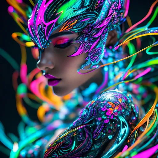 Prompt: neon art, full body tattoo, intricate detailed style of colourful, japanese gorgeous woman,  hyperdetailed Bioluminescent gases painting, heavy strokes, paint dripping glowing neon Bioluminescent paints and wild rift, sharp focus digital detailed by Mr Muz., Miki Asai Macro photography, close-up, hyper detailed, trending on artstation, sharp focus, studio photo, intricate details, highly detailed, by greg rutkowski, Broken Glass effect, no background, stunning, something that even doesn't exist, mythical being, energy, molecular, textures, iridescent and luminescent scales, breathtaking beauty, pure perfection, divine presence, unforgettable, impressive, breathtaking beauty, Volumetric light, auras, rays, vivid colors reflects