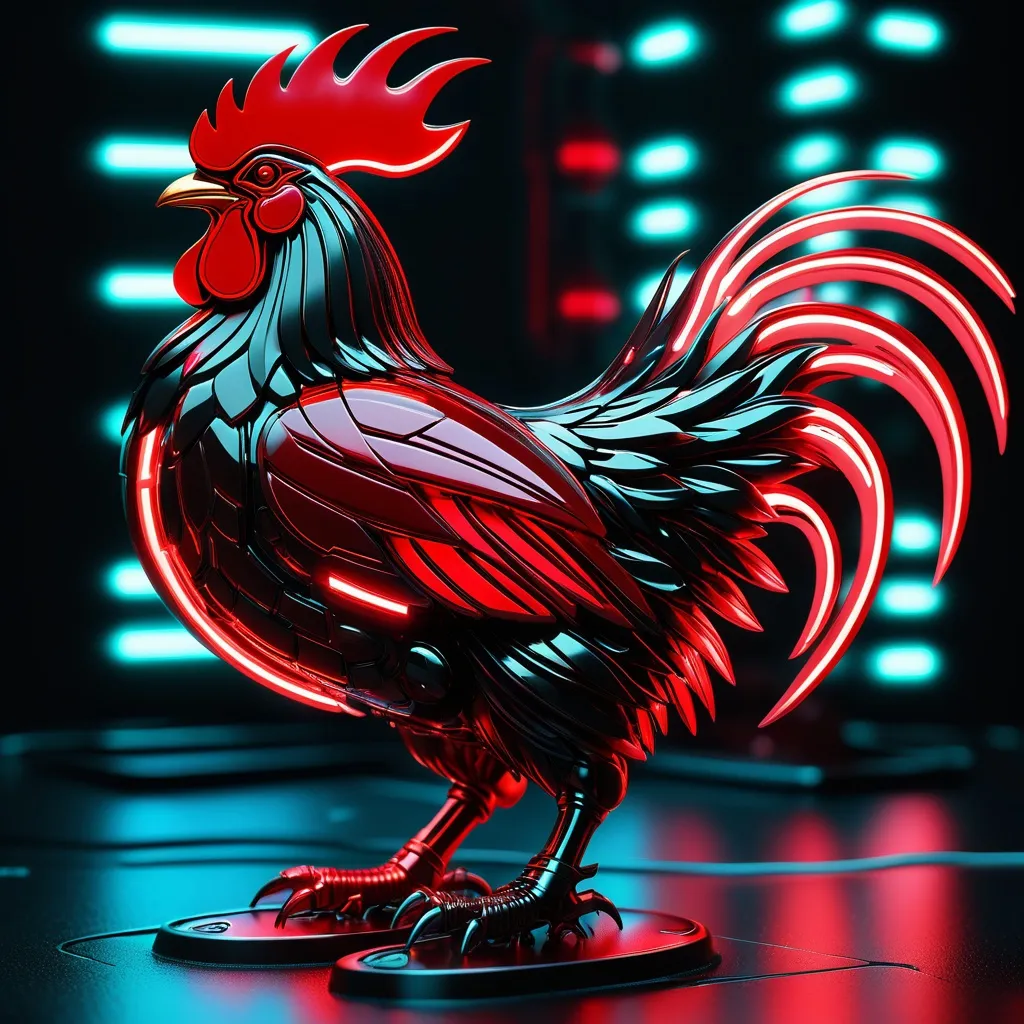 Prompt: rooster mech, metallic and sleek design, futuristic sci-fi style, intense red and black color scheme, sparkling neon lights, miniature scale, highres, ultra-detailed, sci-fi, futuristic, metallic sheen, intense color scheme, miniature scale, neon lights, detailed design, professional, atmospheric lighting