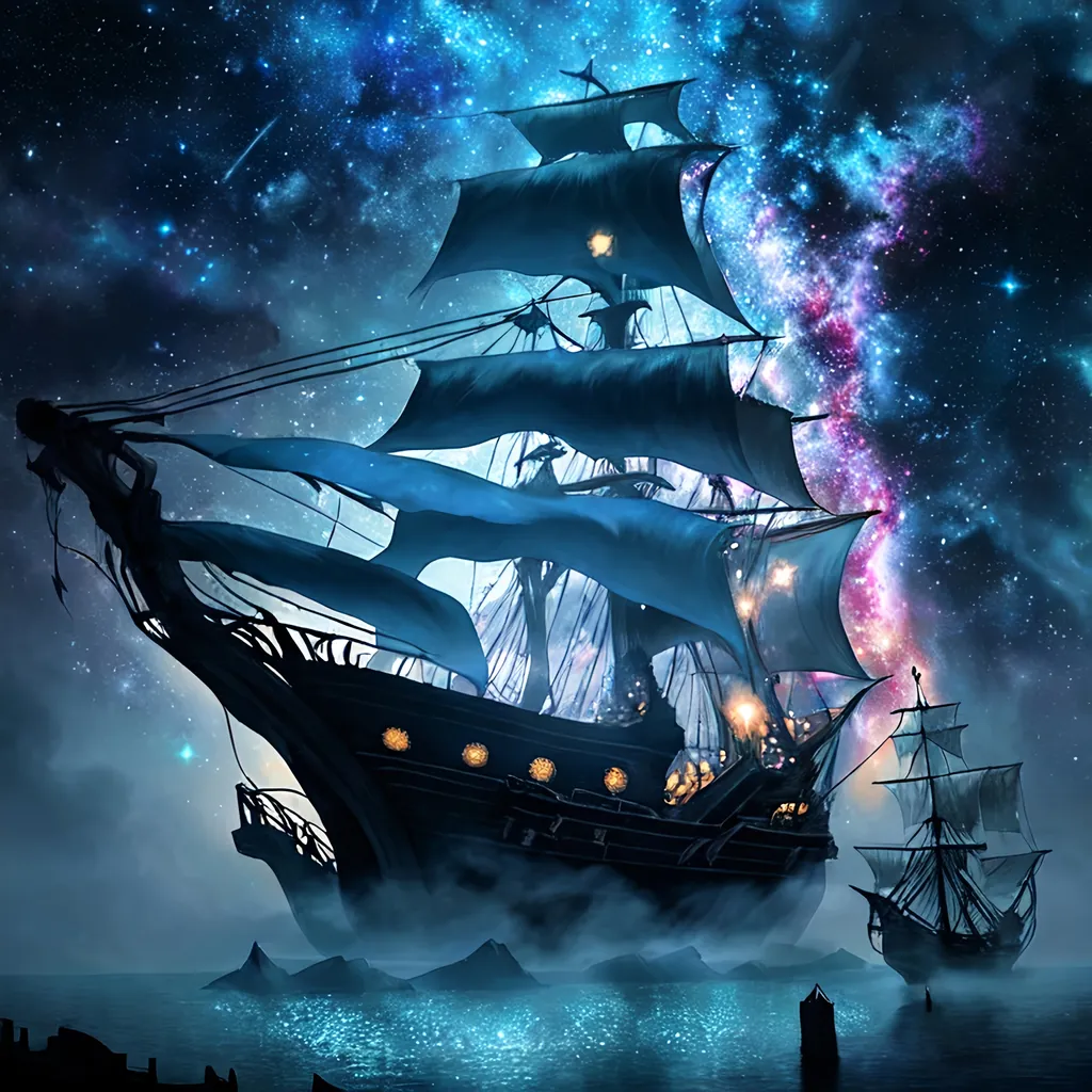 Prompt: Magical fairytale illustration of an old pirate ship, galaxy sky with ethereal colors, sparkling stars and nebulae, misty atmosphere, surreal and dreamy feel, high quality, fantasy, galaxy, ethereal, magical, fairytale, old pirate ship, surreal atmosphere, dreamy, sparkling stars, misty, detailed, atmospheric lighting