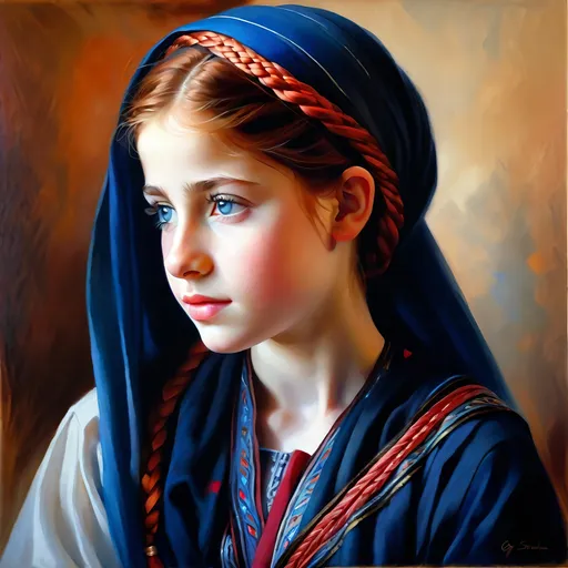 Prompt: A 13 years old Syrian girl, pale skin, red neatly braided hair, blue eyes, traditional Syrian dress, Old Damascus, photorealistic, extremely detailed painting by Greg Rutkowski by Steve Henderson