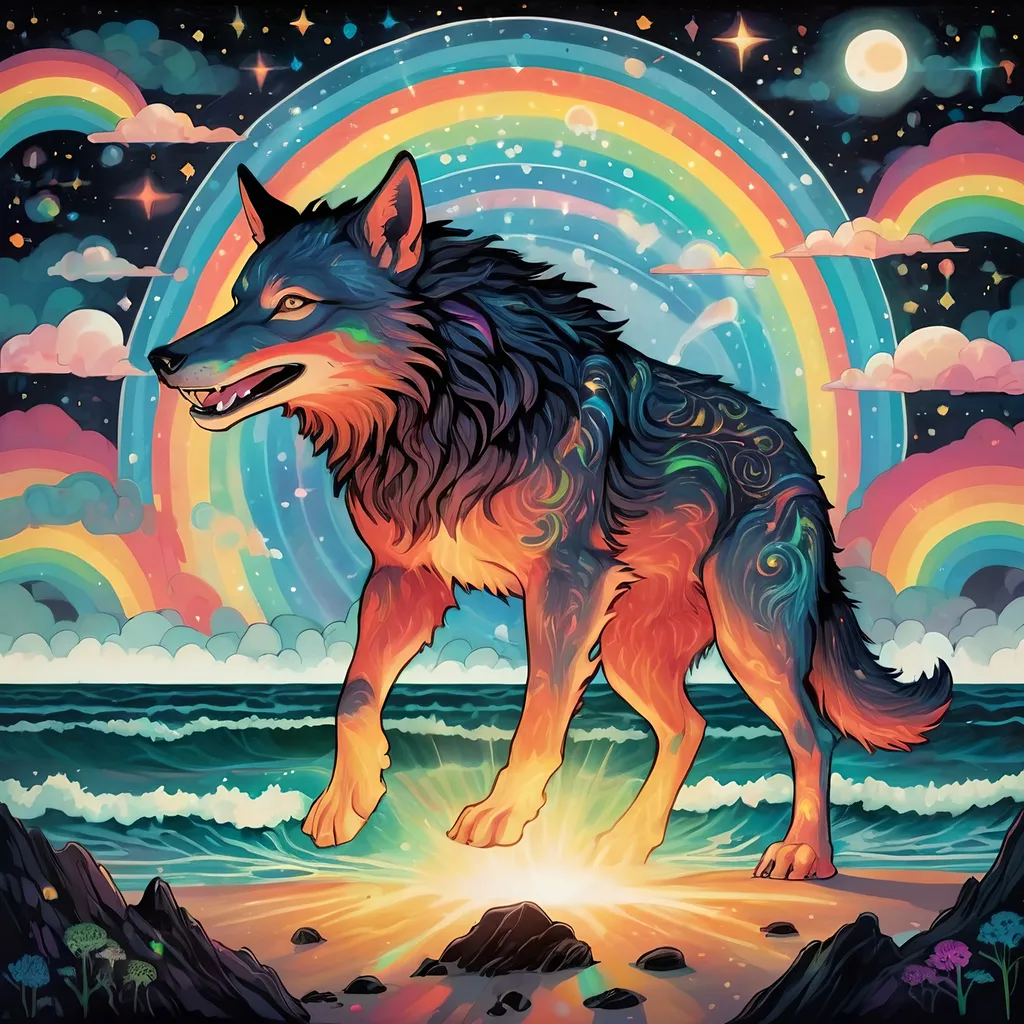 Prompt: fenrir over bifrost, in the style of 🌈 , folk-inspired illustrations, luminescent lightscapes, repeating pattern, celestialpunk, suffolk coast views, balinese 